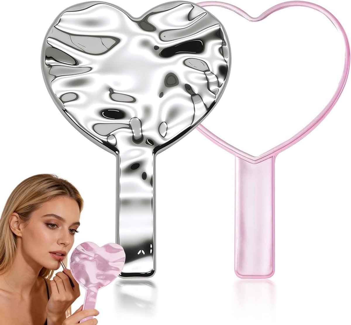 Handspiegels met handvat - Draagbare hartvormige make-upspiegels voor dames, ideale cosmeticaspiegels voor dagelijks gebruik en reizen, compact en praktisch