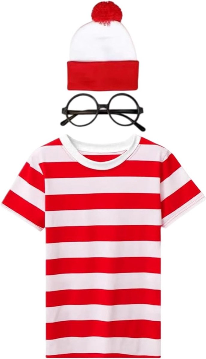 Wheres Wally Kostuum voor Kinderen - Unisex Rood Witte Gestreepte T-Shirt, Hoed en Bril voor Wereld Boek Dag (120/130/140cm)