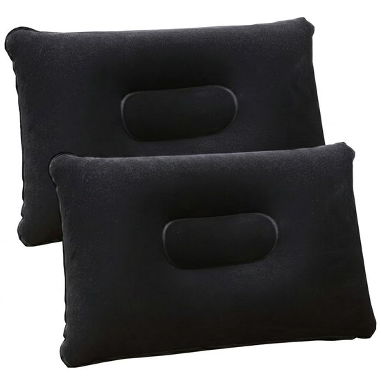 Twee zwarte opblaasbare kussens met een ergonomische nekuitsparing, op een witte achtergrond.