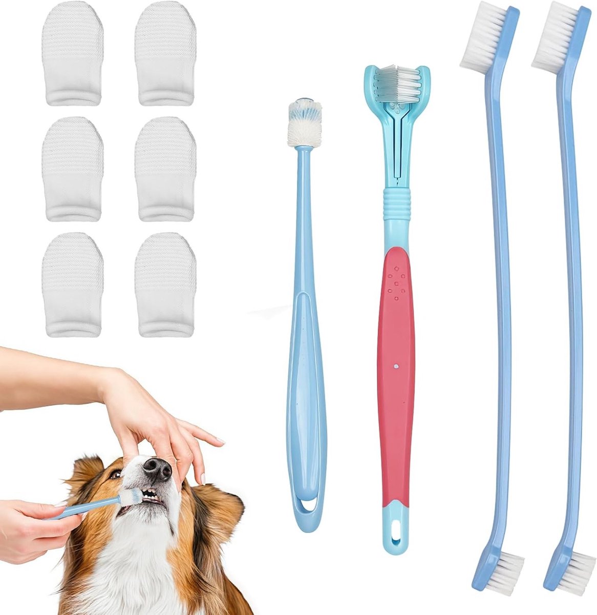 Complete Tandverzorgingsset voor Honden met 10 Stuks, Inclusief Vingerborstels, Driehoekige en Dubbele Tandenborstels voor Kleine, Middelgrote en Grote Honden