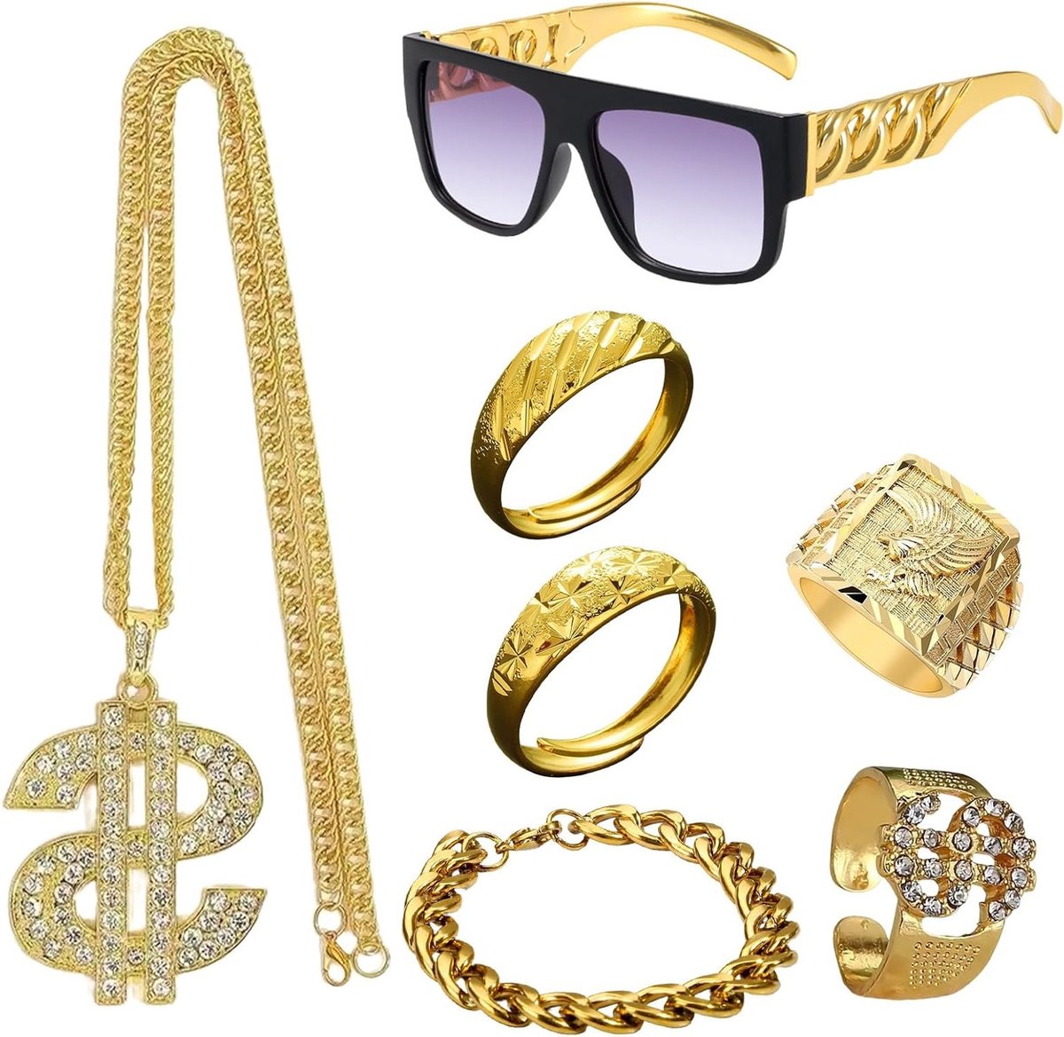 7-delige Hip Hop Kostuum Feestdecoratie met Nep Gouden Dollar Sign Ketting, Hippie Ringen en 90s Zonnebril voor Disco en Rapper Themafeest