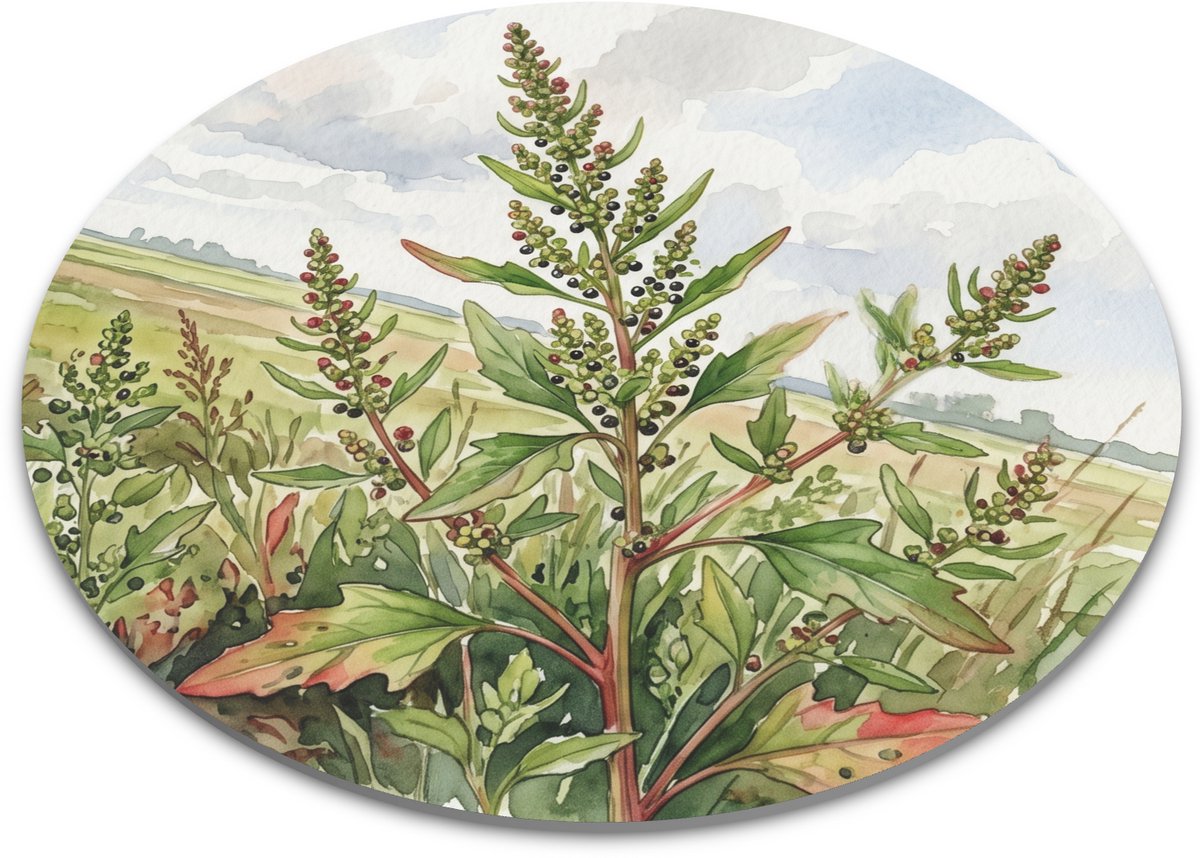 Ronde muismat met korrelganzenvoet in rustiek Hollands polder landschap - Chenopodium polyspermum kruid aquarel illustratie voor bureau - Sfeervolle kantoor decoratie en cadeau - Aquarel Series