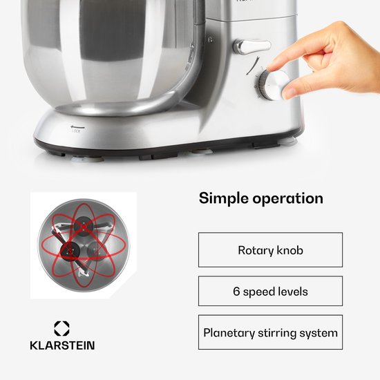 Klarstein Blender Knetmaschine keukenmachine met Fleischwolf, 2000W Teigmaschine klein, 6 standen, Schneebesen - & Knethaken, planetair , roermachine met Mixer, keukenmachines met 5L kom - 1800W 5,2L - voor Keuken - RVS - Standmixer van Klarstein — afbeelding 4