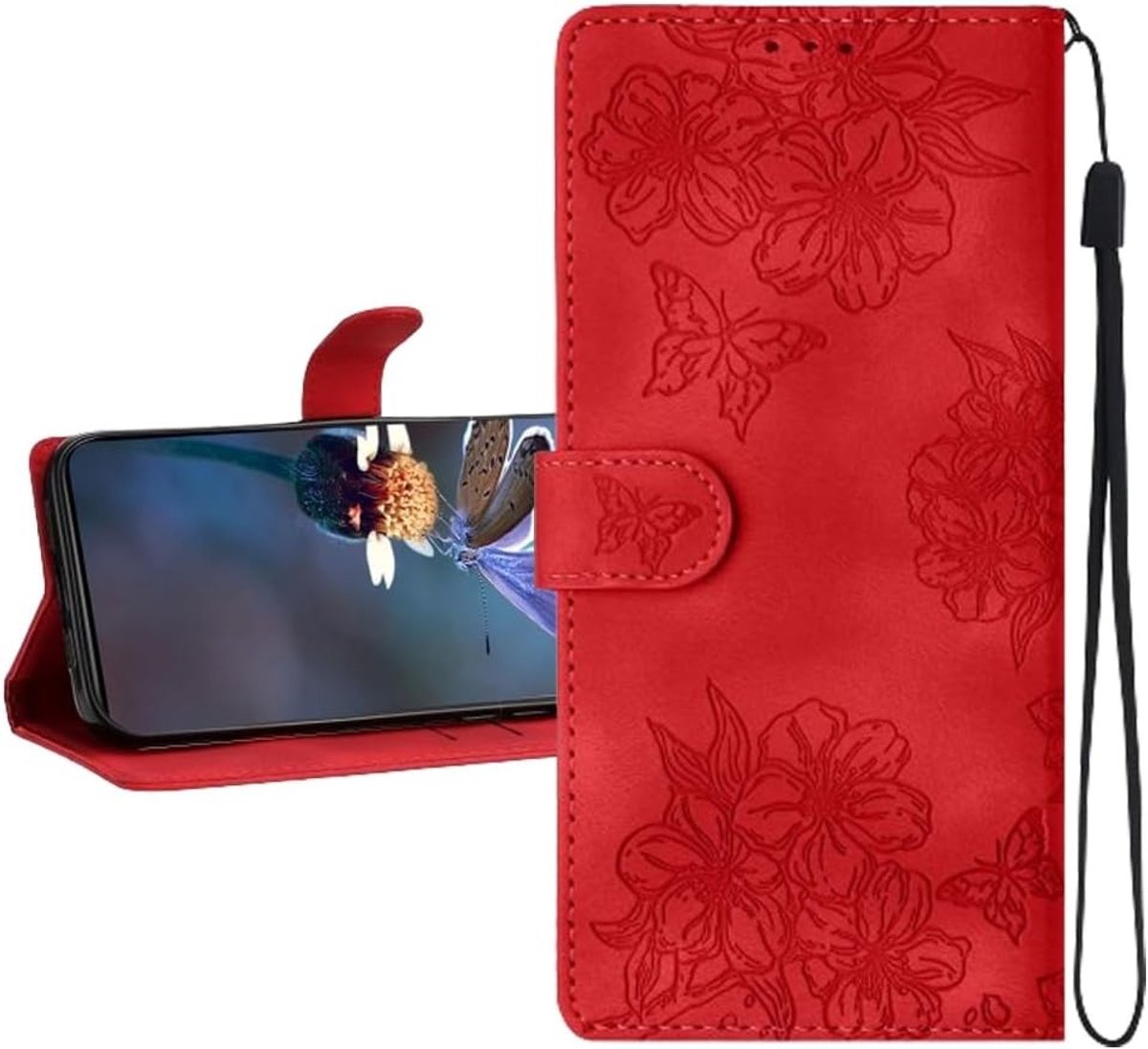 Stijlvolle Wallet Book Flip Folio Case met Kaarthouders en Kickstand voor Motorola E15 - Shockproof en Magnetische Sluiting in Vlinder Rood