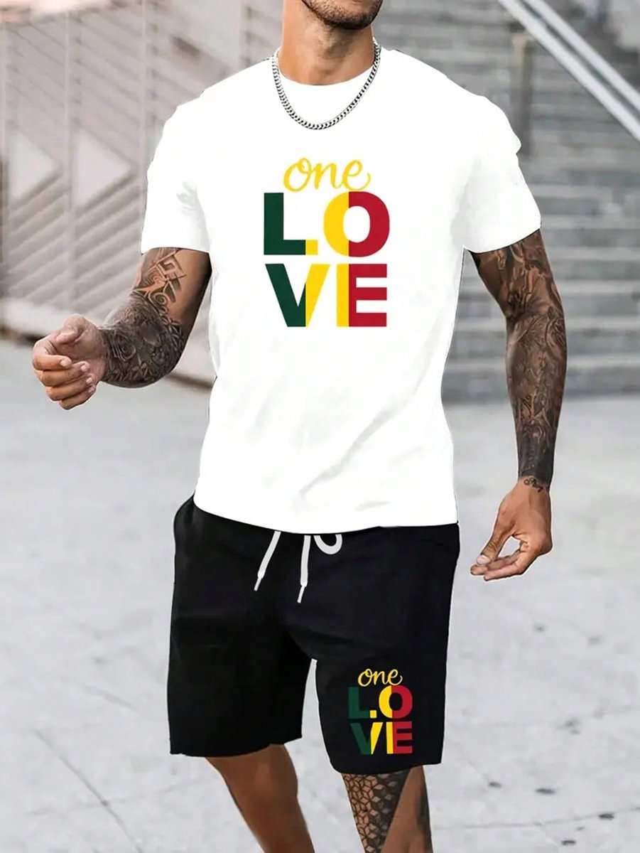 Stijlvolle en Comfortabele Heren Pyjama Set met ‘One Love’ Schriftprint Zachte Katoenmix Perfect voor Ontspannen Dagen en Nachten 2XL-3XL Wit