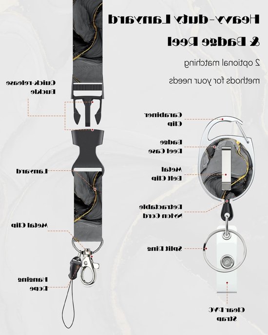 Marmer Design Badgehouder met Retractable Reel en Afneembare Lanyard voor Kantoorwerkers - Zwartgrijs Kaartbeschermer met Carabiner — afbeelding 3