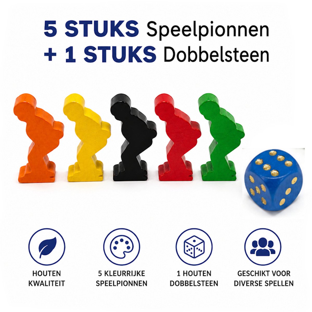Decopatent - 5 STUKS Speelpionnen + 1 STUKS Dobbelsteen - Geschikt voor diverse Bordspellen - Houten Speelpionnen Set met Dobbelsteen - Kleurrijke Houten Speelstukken Meeples Figuren: Groen, Geel, Zwart, Rood, Oranje
