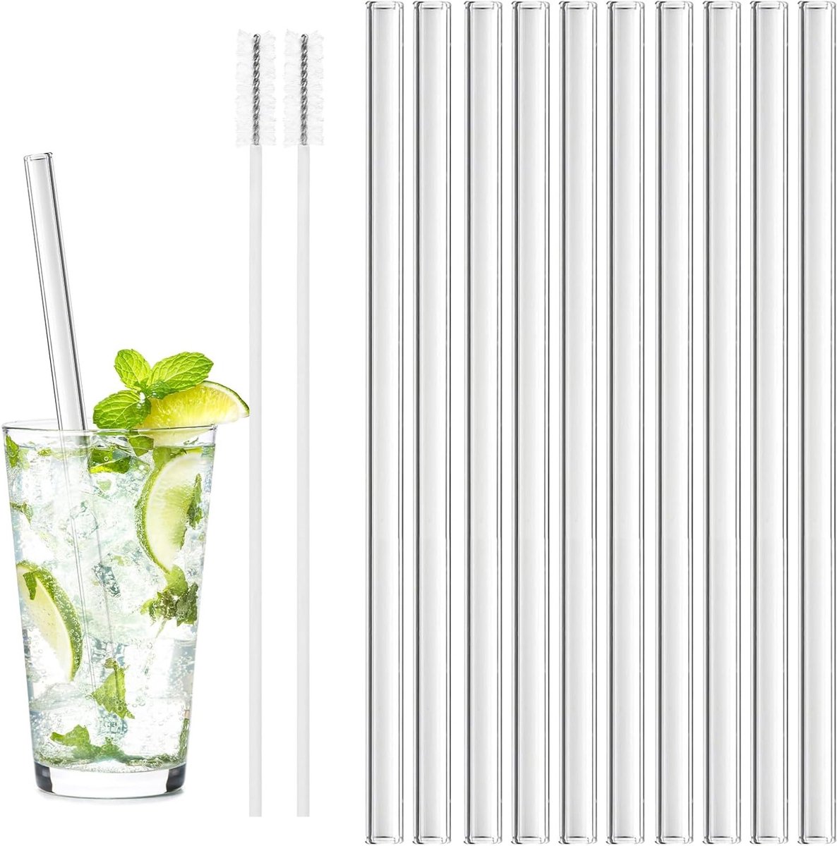 Herbruikbare Glazen Rietjes Set van 10, 20 cm Rechte Rietjes met 2 Schoonmaakborstels, Perfect voor Dranken, Thee en Slush, Vaatwasmachinebestendig
