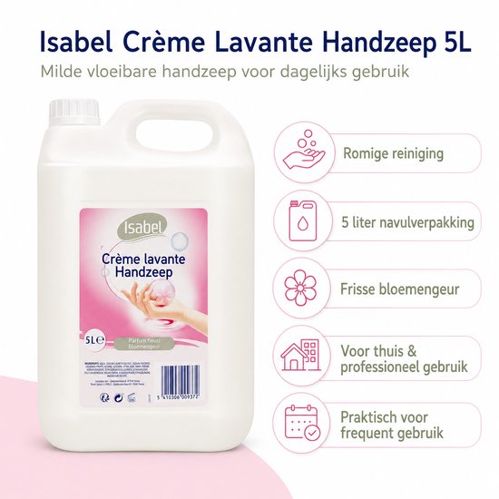 Isabel Crème Lavante Handzeep 5L, milde vloeibare handzeep voor dagelijks gebruik. Romige reiniging, frisse bloemengeur.