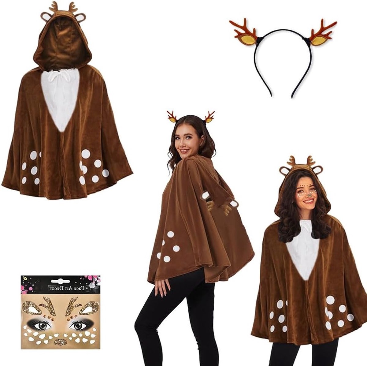 Vrouwelijk rendier kostuum met rendierantlers haarband, Bambi cape met capuchon en glinsterende gezichtstatoeage voor kerst en carnaval