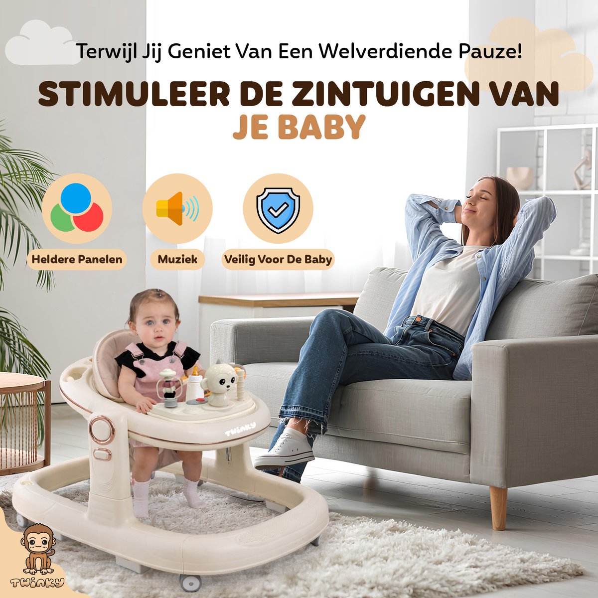 Twinky® Babywalker GO - 4-in-1 Loopstoel Baby & Loopwagen met 3-delige speelset – Loopstoeltje & Loopkar Inklapbaar inclusief Voetenmat en Steel – foto 3