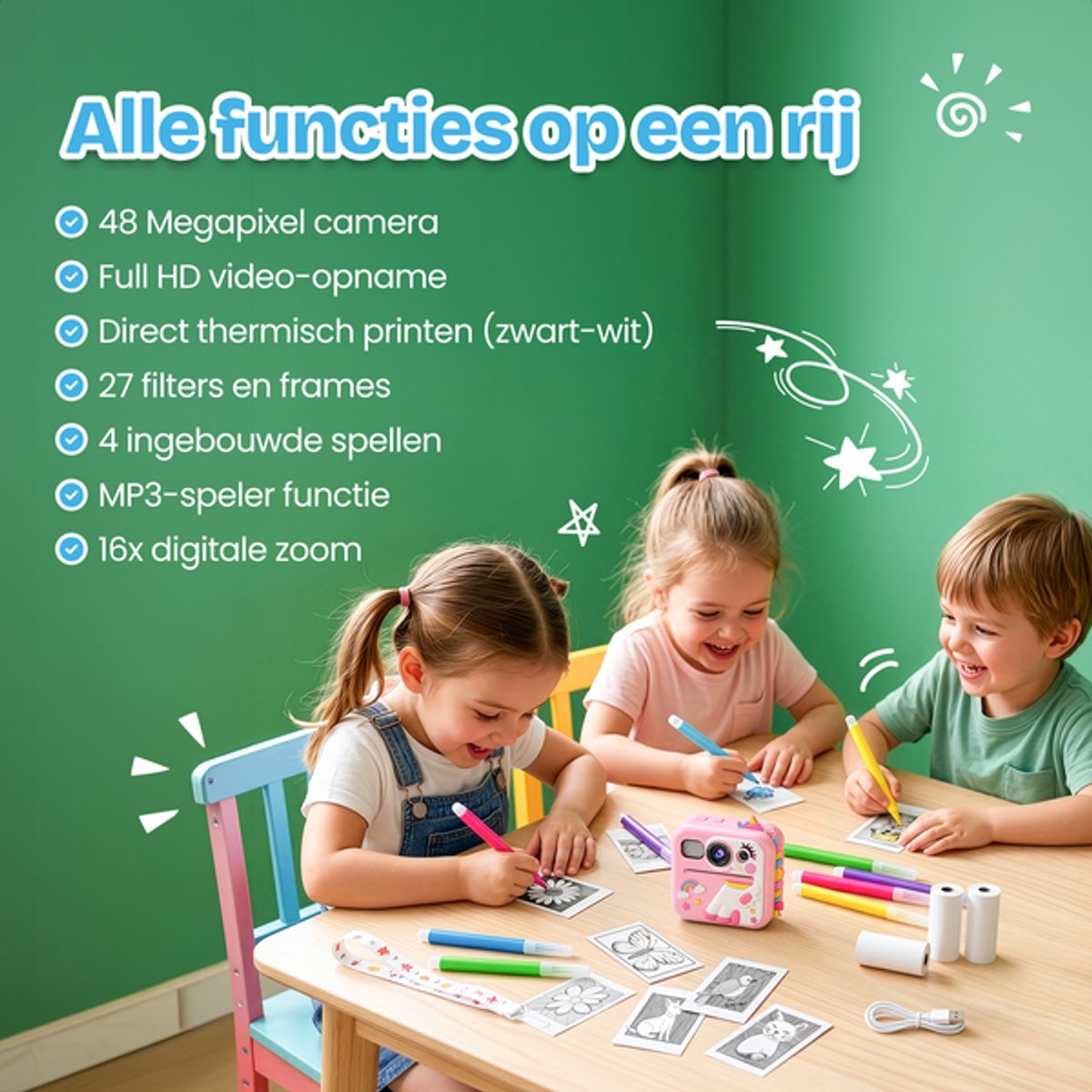 TinyPlay Kindercamera met foto printer - Siliconen Hoes - 48MP - Digitale Camera Kinderen - 32GB SD kaart - Full HD Foto en Video - Spelletjes - Fotoprinter - Kinder camera - Digitale kindercamera - Roze — afbeelding 3