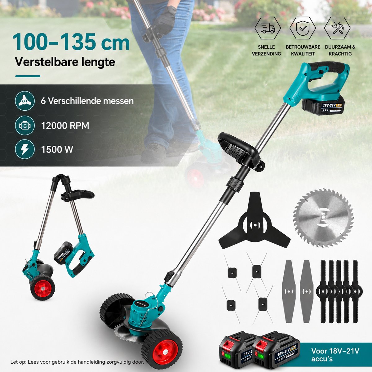 Onkruidborstel - Grasmaaier - Elektrische Snoeischaar - 2 Accu's - 1500 Watt - 15000 MaH - Telescopische Buis - 3 Verschillende Snijbladen – foto 5