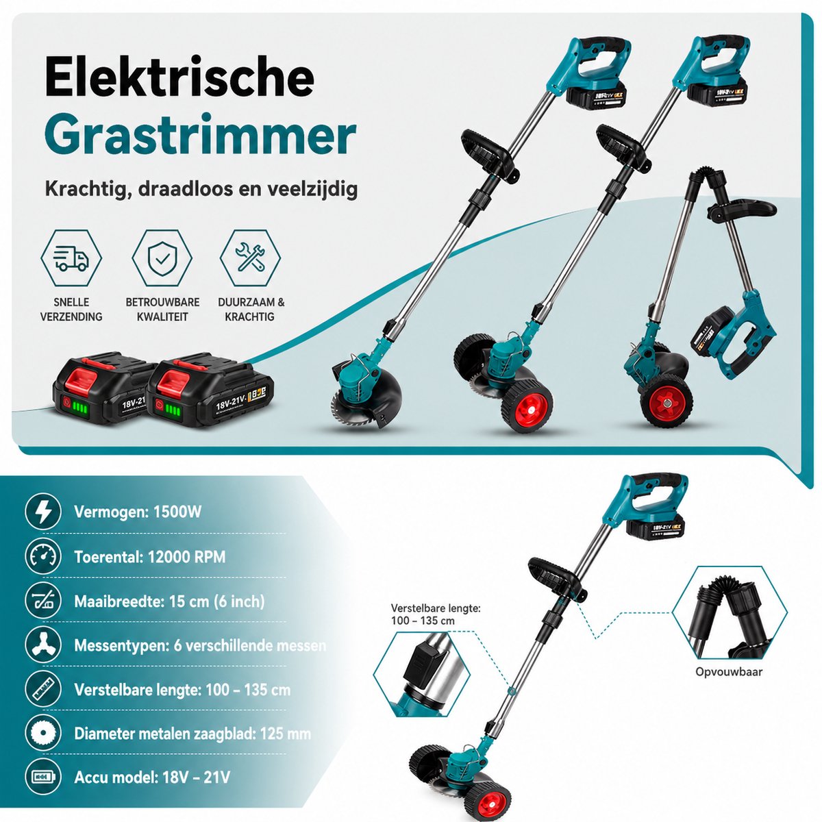 Onkruidborstel - Grasmaaier - Elektrische Snoeischaar - 2 Accu's - 1500 Watt - 15000 MaH - Telescopische Buis - 3 Verschillende Snijbladen – foto 6