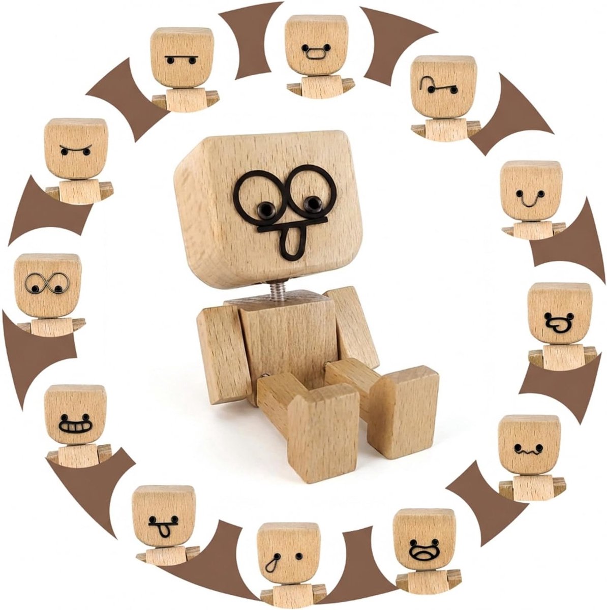 Houten Wobble Poppenfiguur met 12 Verwisselbare Gezichtsuitdrukkingen, Handgemaakt Natuurlijke Decoratie voor Auto, Bureau of Cadeau