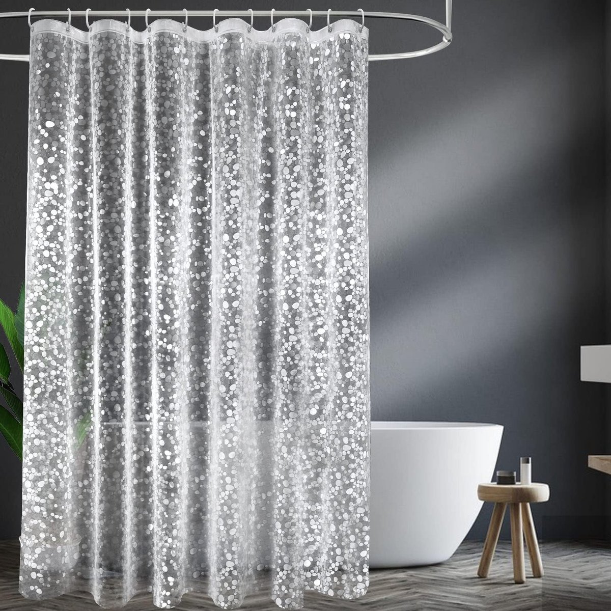 Anti-mould Douchegordijn 180 x 200 cm met Sterke Magneten, Transparant 3D Steentjespatroon, Waterdicht EVA Plastic voor Badkuip met 12 Ringen en Schimmelbestendige Eigenschappen