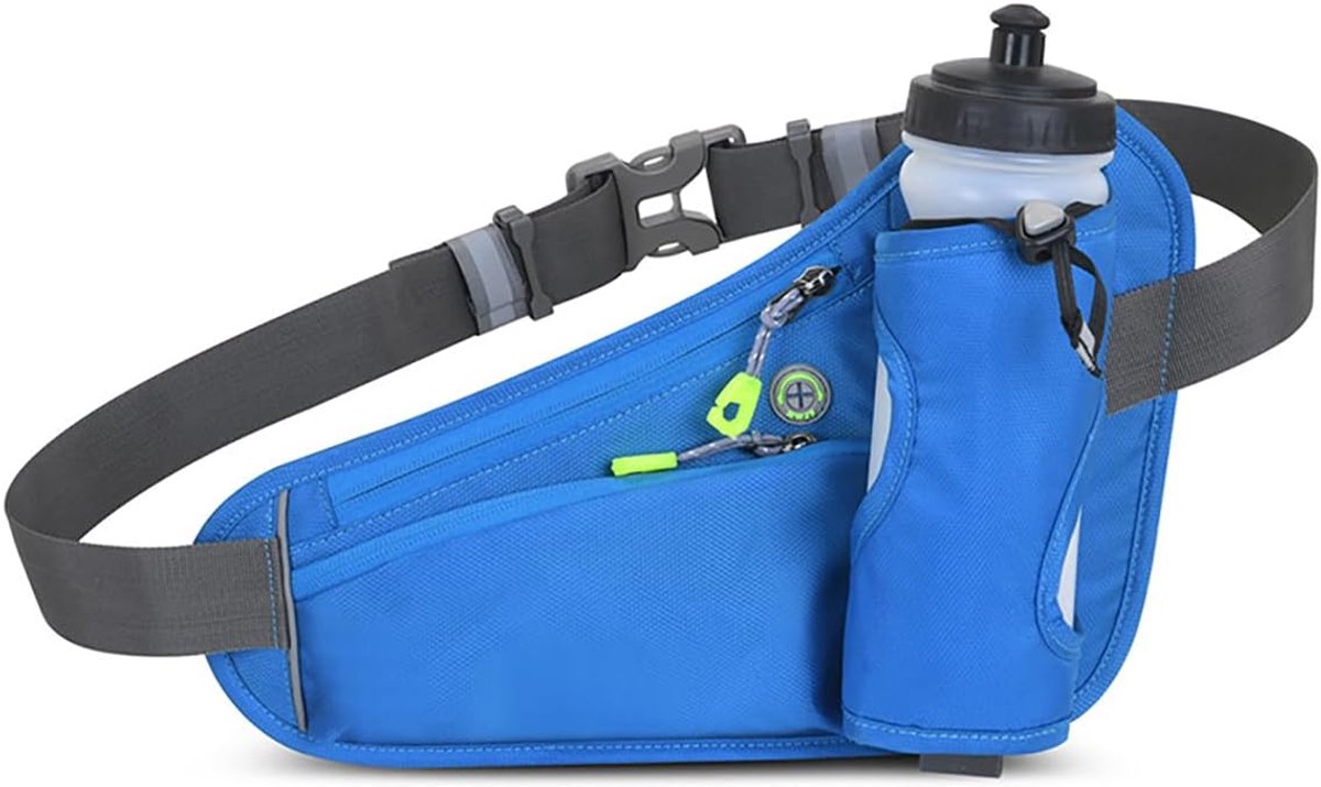 Hardloopriem met Bidonhouder - Verstelbare Hardloopheuptas met Kabel Uitgang - Waterafstotend en Reflectoren - Running Belt Drinkgordel - Sportband - Hardlooptasje - Fitness & Sport - Unisex - Voor Smartphone, Drinkfles, Powerbank - Blauw - SOLLBRY®