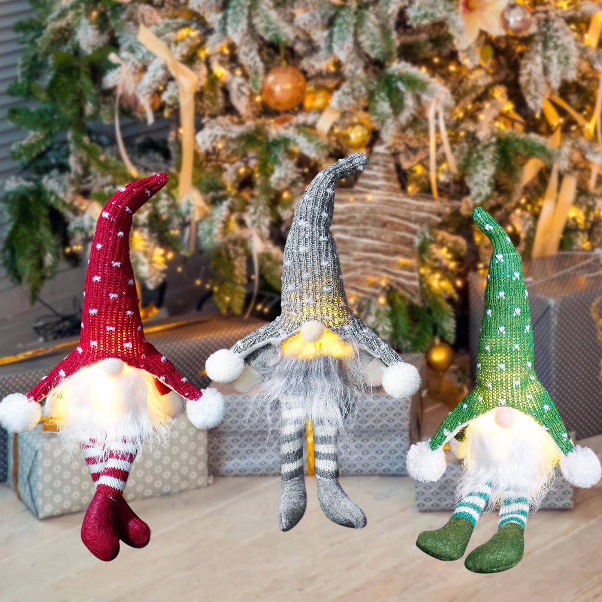 carmdering - Kerstkabouter - Kerstdecoratie - LED Kabouter - Set van 3, 35 cm, zacht pluche, warmwit LED - Met schakelaar, rood/groen/grijs - Perfect voor kerstboom, tafel en cadeau - Geluksbrenger voor thuis