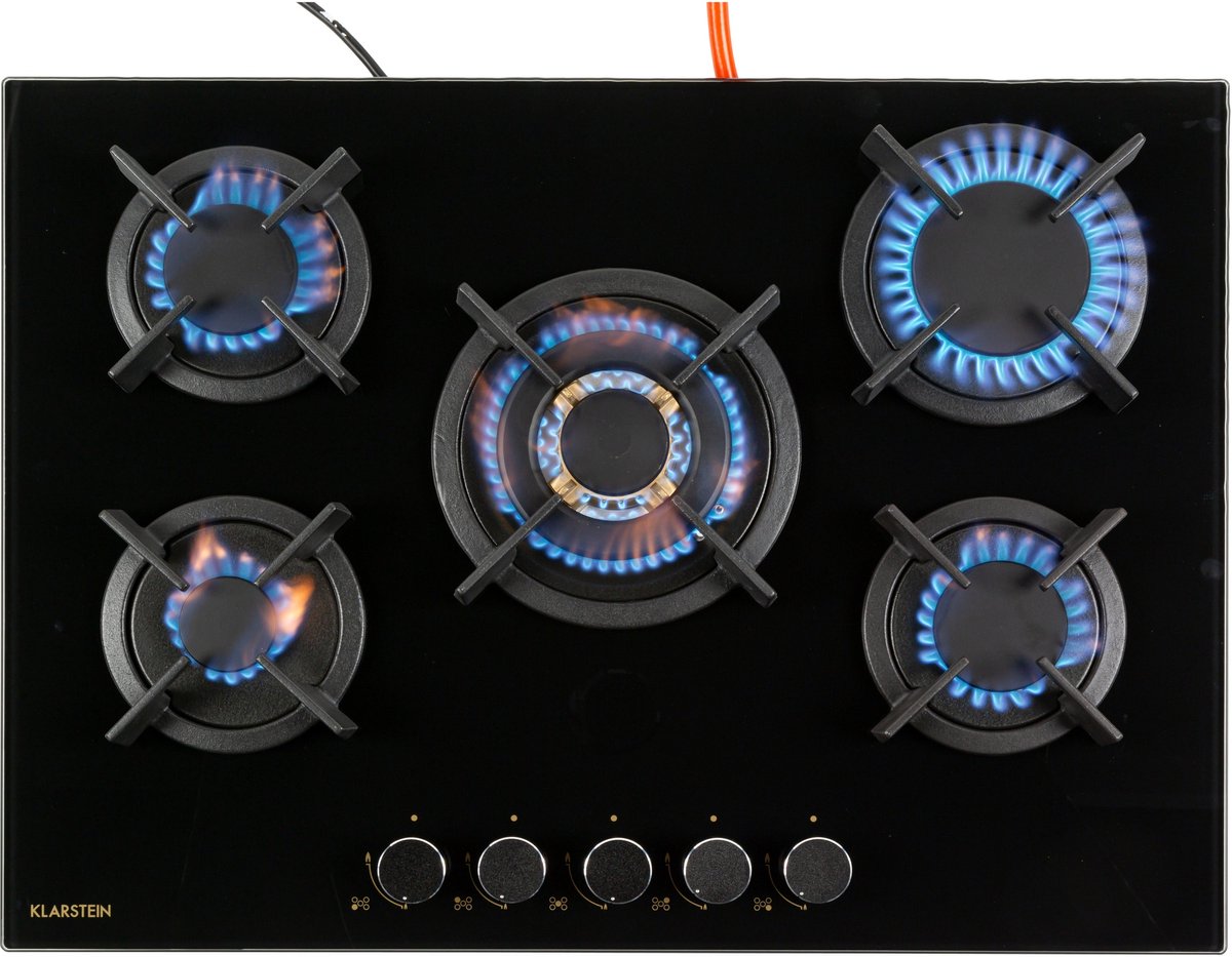 Klarstein Gaskookplaat Goldflame Domino 5 Pitten - 10400 W - Branders - glaskeramisch oppervlak - Energiebesparend - Alles inclusief - Zwart,4 kW 51 cm - voor Keuken - elektrische Ontsteking LPG - Gas Hob - Gas Kookveld - Gasfornuis