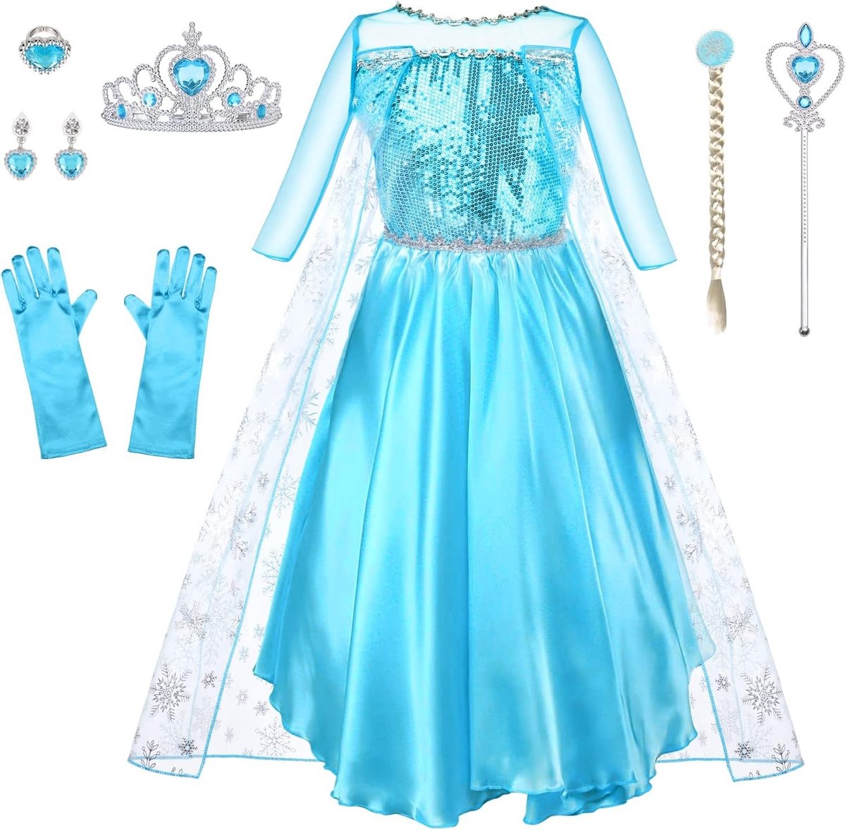 Kostuum voor Meisjes 9-delige Set met Jurk, Kroon, Tiara, Handschoenen en Toverstaf voor Feestjes, Carnaval en Verjaardagen