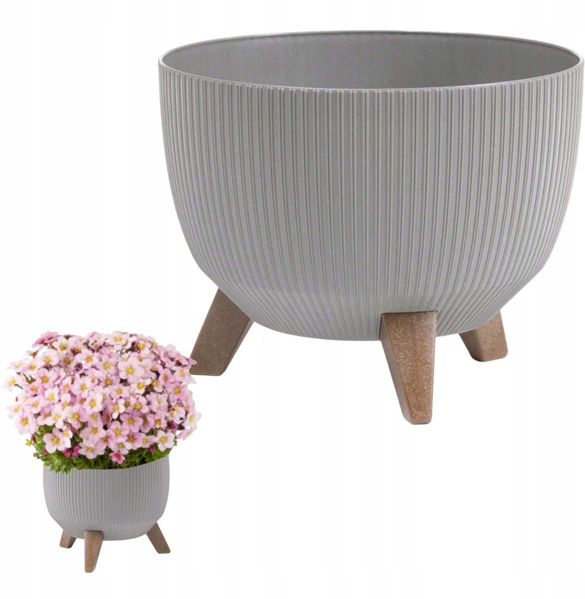 Grijze Bloempot op Houten Poten - 28cm Diameter, 22cm Hoog