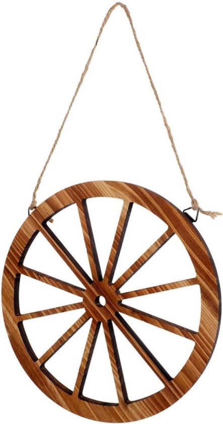 Bruin houten wiel decoratie, 25x25cm, hangend aan touw.