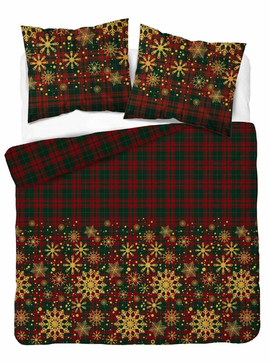 Home Kerst Dekbedovertrek Satin Home 200x220 Rood Geruit Gouden Sneeuwvlokken