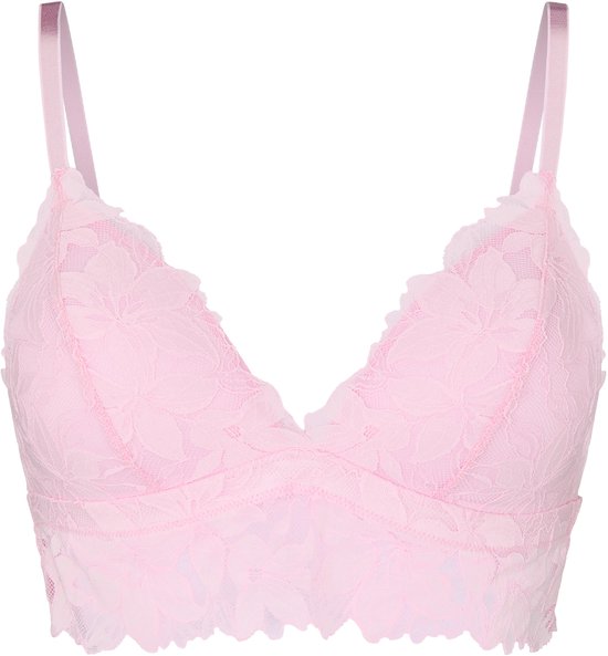 Roze kanten bralette met bloemenpatroon, ruches en brede kanten band.