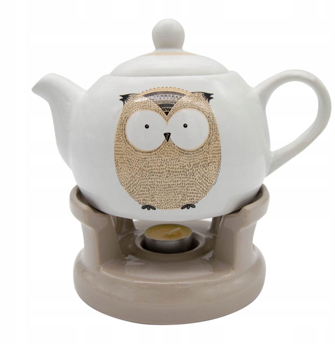 Keramische theepot met warmer, 1L, uil, beige