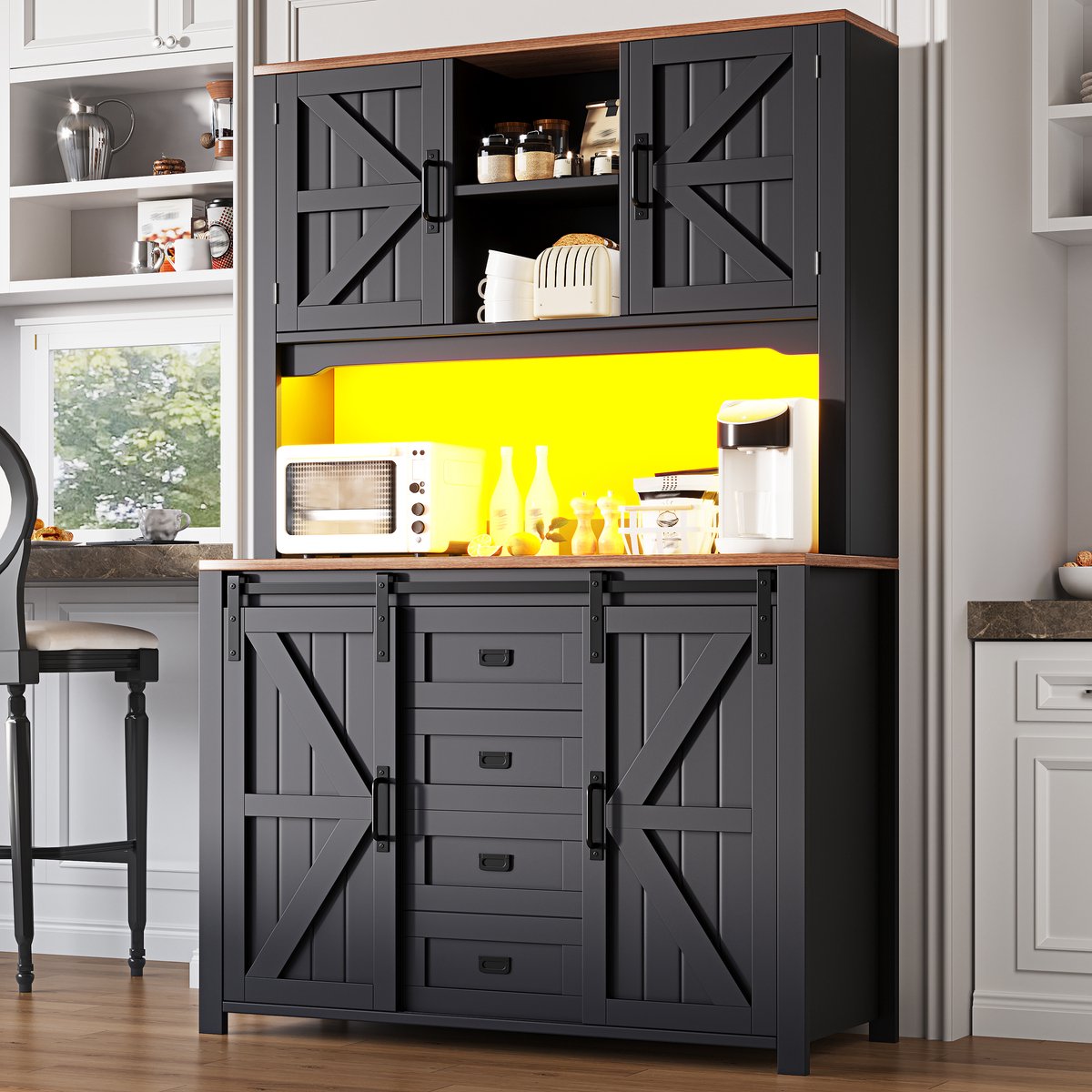 Re-purelife® keukenkast met schuifdeuren en LED-verlichting - hoge buffetkast/dressoir met lades en verstelbare planken - zwart modern vitrinekast/woonkamer meubel - 115 × 40 × 174,7 cm