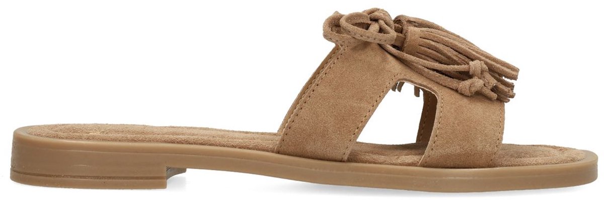 Manfield - Dames - Beige suède slippers met franjes - Maat 41