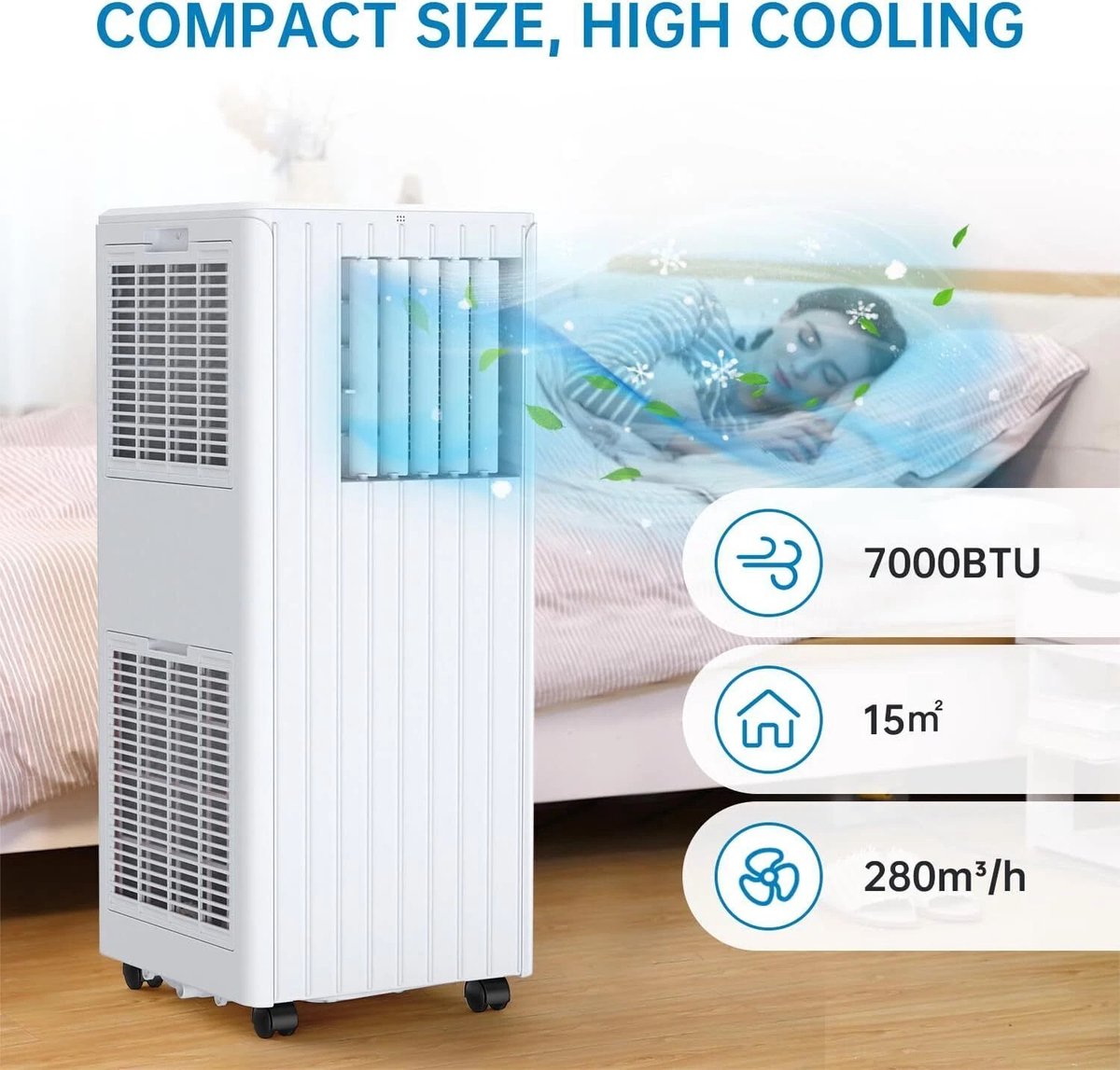 Mobiele airco 7000 BTU 3-in-1 – 36L/dag – 2 standen – 24U timer – Afstandsbediening – Ideaal voor slaapkamer, kantoor thumbnail 4