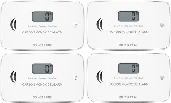 Vier witte koolmonoxidemelders op een rij, elk met een grijs LCD-scherm.