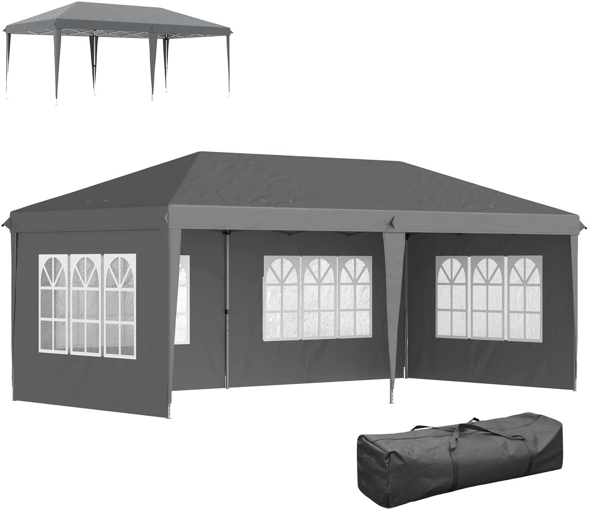 QUESTYR Opvouwbare Partytent 6×3 m – Pop‑up Paviljoen – 4 Afneembare Zijwanden met Ramen – Donkergrijs – Stalen Frame – Inclusief Draagtas