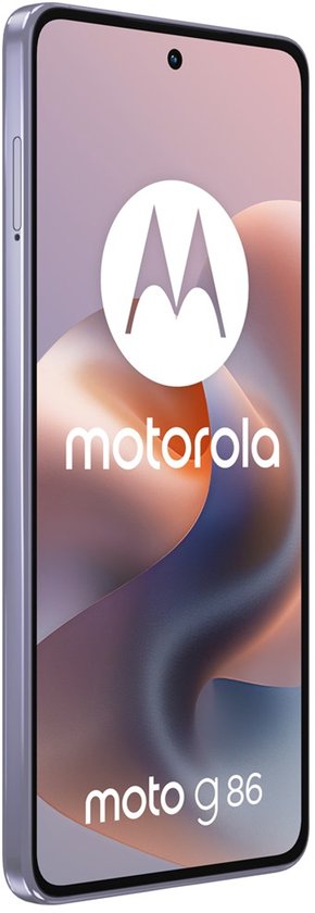 Lichtpaarse smartphone met Motorola logo en 'moto g 86' op het scherm.