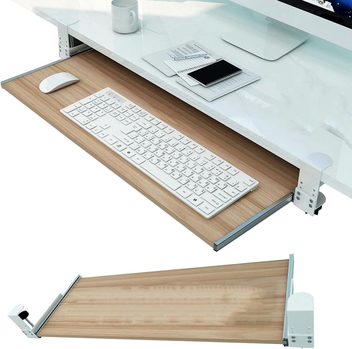 Houten toetsenbordlade - Uitschuifbare plank - Werkruimte optimaliseren - Zonder boren te monteren - 55 x 30 cm - Houtnerf