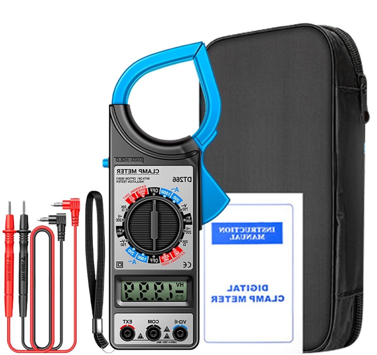 Stroomtang - Spanningstester - Elektrische metingen - LCD met achtergrondverlichting - 60mm kaakopening - Zwart