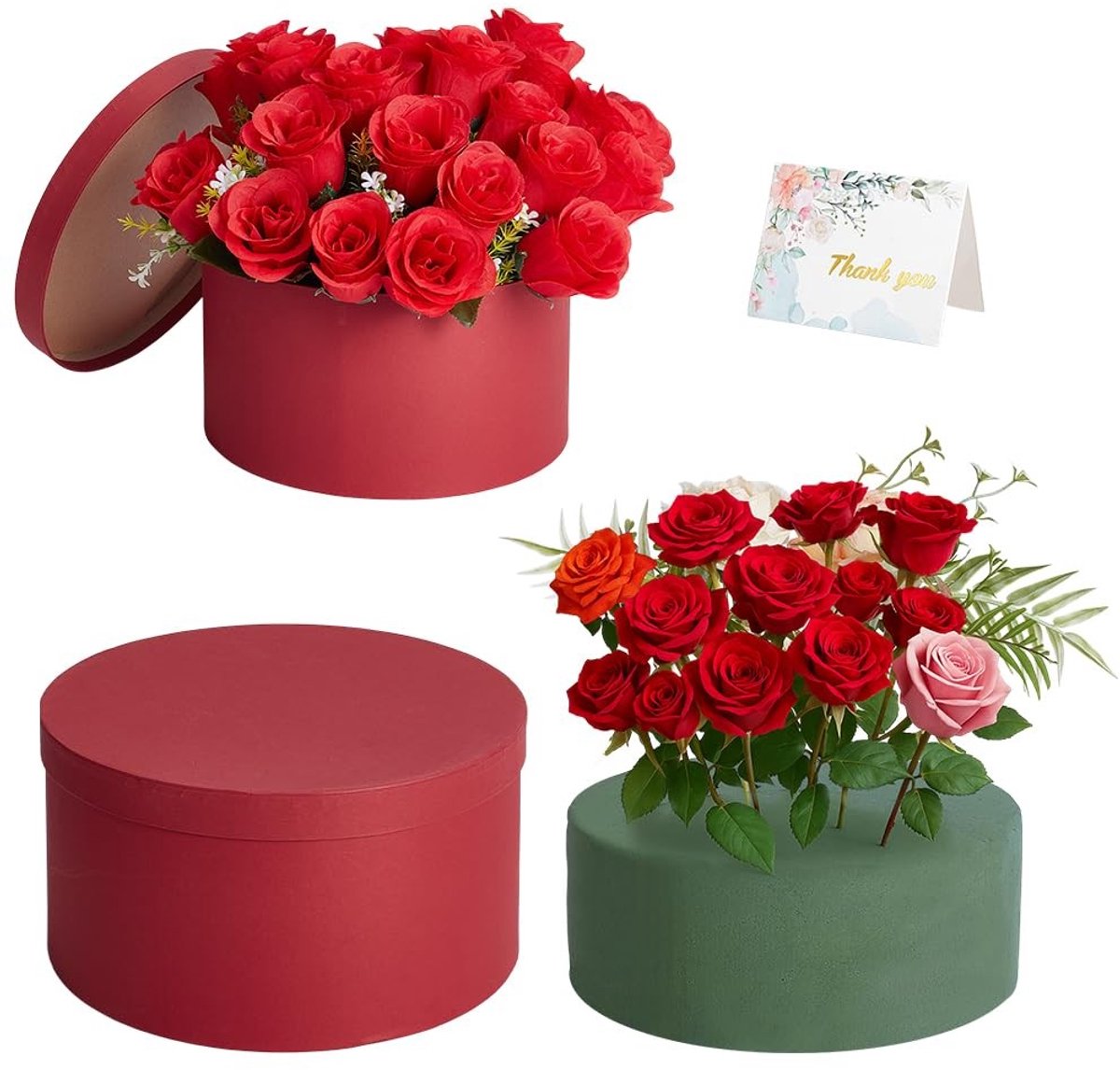 Dailygoods- Geschenkdoos Rood - Ronde Geschenkdoos met Deksel - Bloemenschuimset - 23,4 x 12,5 cm - Wenskaart - Perfect voor Moederdag/Jubileum - Cadeauverpakking