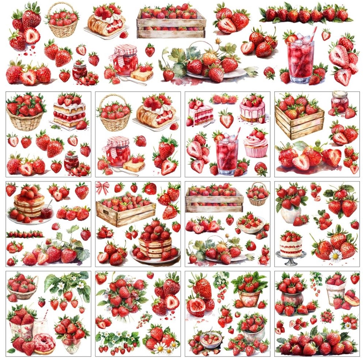 Dailygoods- Transferstickers Aardbeien - Raamdecoratie Fruitthema - Decoratiebehoeften - 12 Vellen - 12 x 13 cm - Voor Thuis/School/Feest - Wanddecoratie