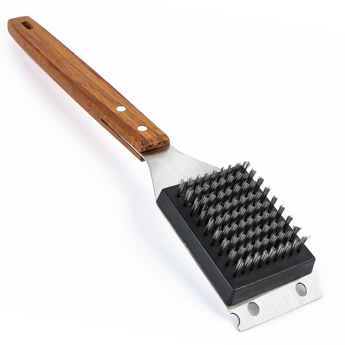 BRENZOOS - 2-in-1 borstel en barbecue - Grillreiniging - Houten handvat - Roestvrij staal - Geschikt voor grill - 38 cm