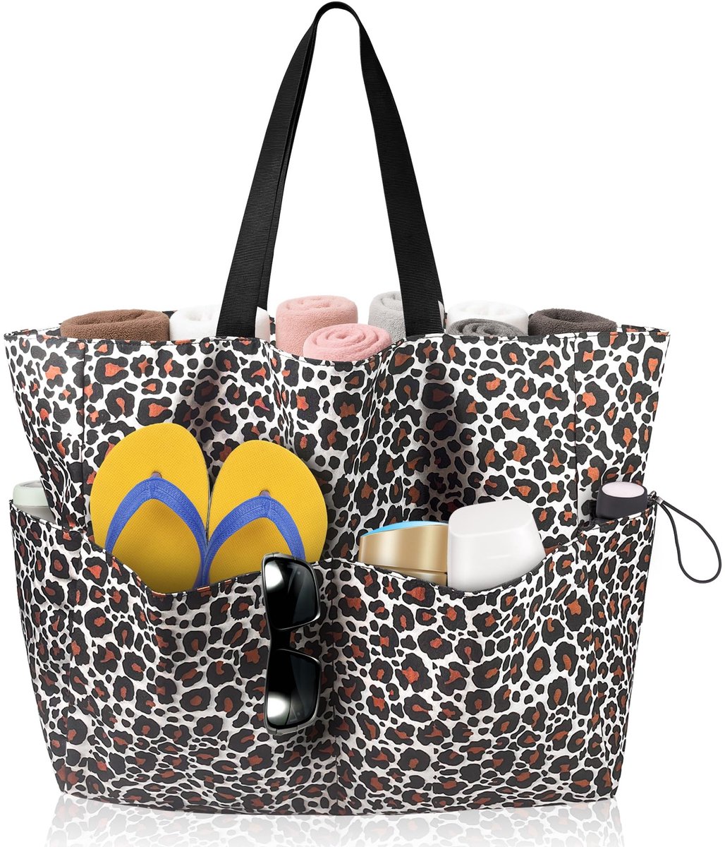 BRENZOOS- Strandtas XXL Waterdicht - Leopard Patroon - 9 Compartimenten - Cosmetica Tas - Perfect voor Strand en Outdoor - Zwemtas