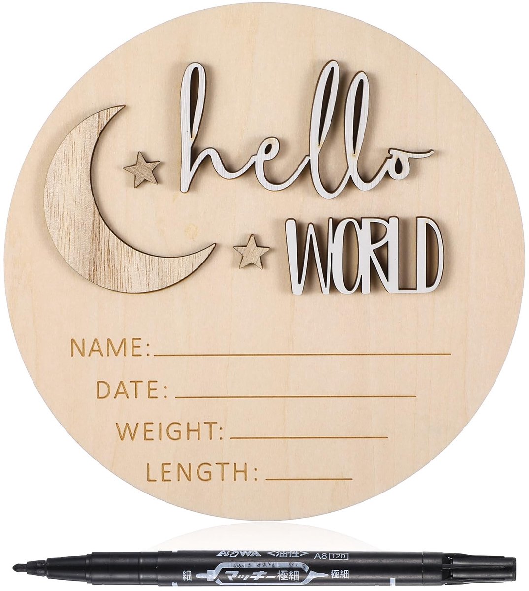 JHUBERS- Aankondigingsbord Hout - Baby Aankondiging - Naambordje Voordeur - Kinderen - Decoratie - 3D-letters "Hallo" en "Wereld