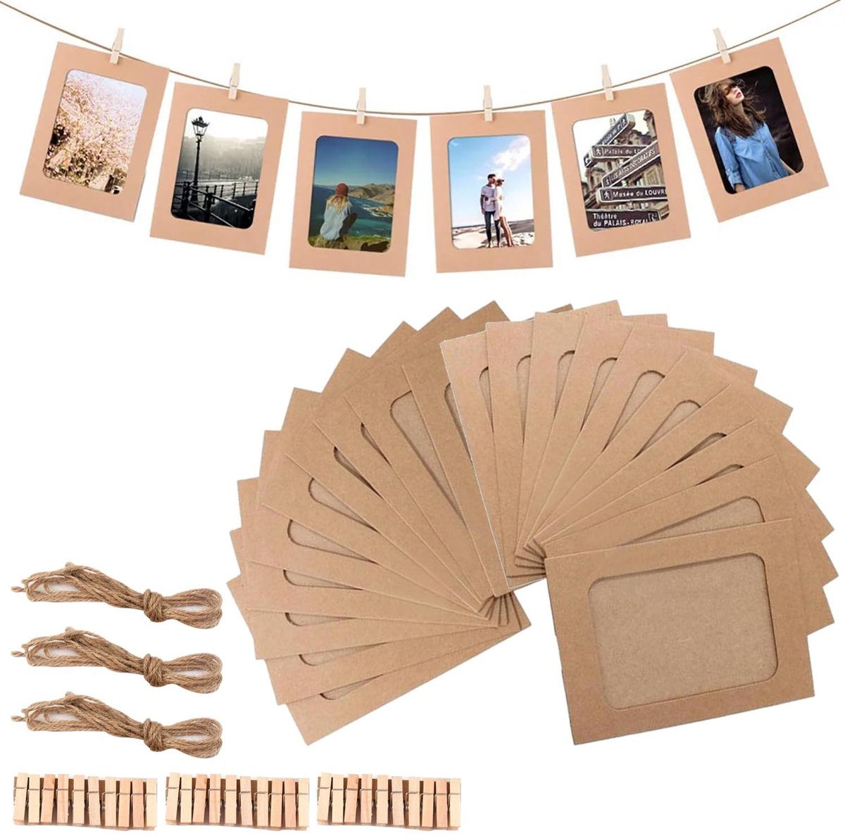 JHUBERS- Fotolijsten 30 Stuks - Kartonnen Fotolijsten - Henneptouwset - Houten Clips - Wanddecoratie - Afmetingen 11,5 x 15,5 cm