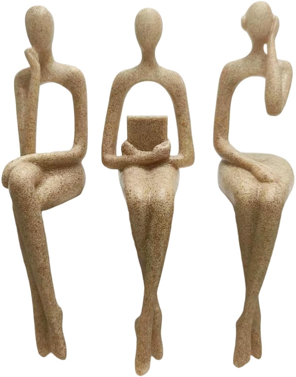 BRENZOOS- Zitfiguren Set van 3 - Abstracte Sculpturen - Gouden Hars - Decoratie Thuiskantoor - Boekenkastdecoratie - Hoogwaardig Kunsthars - Decoratieve Beelden