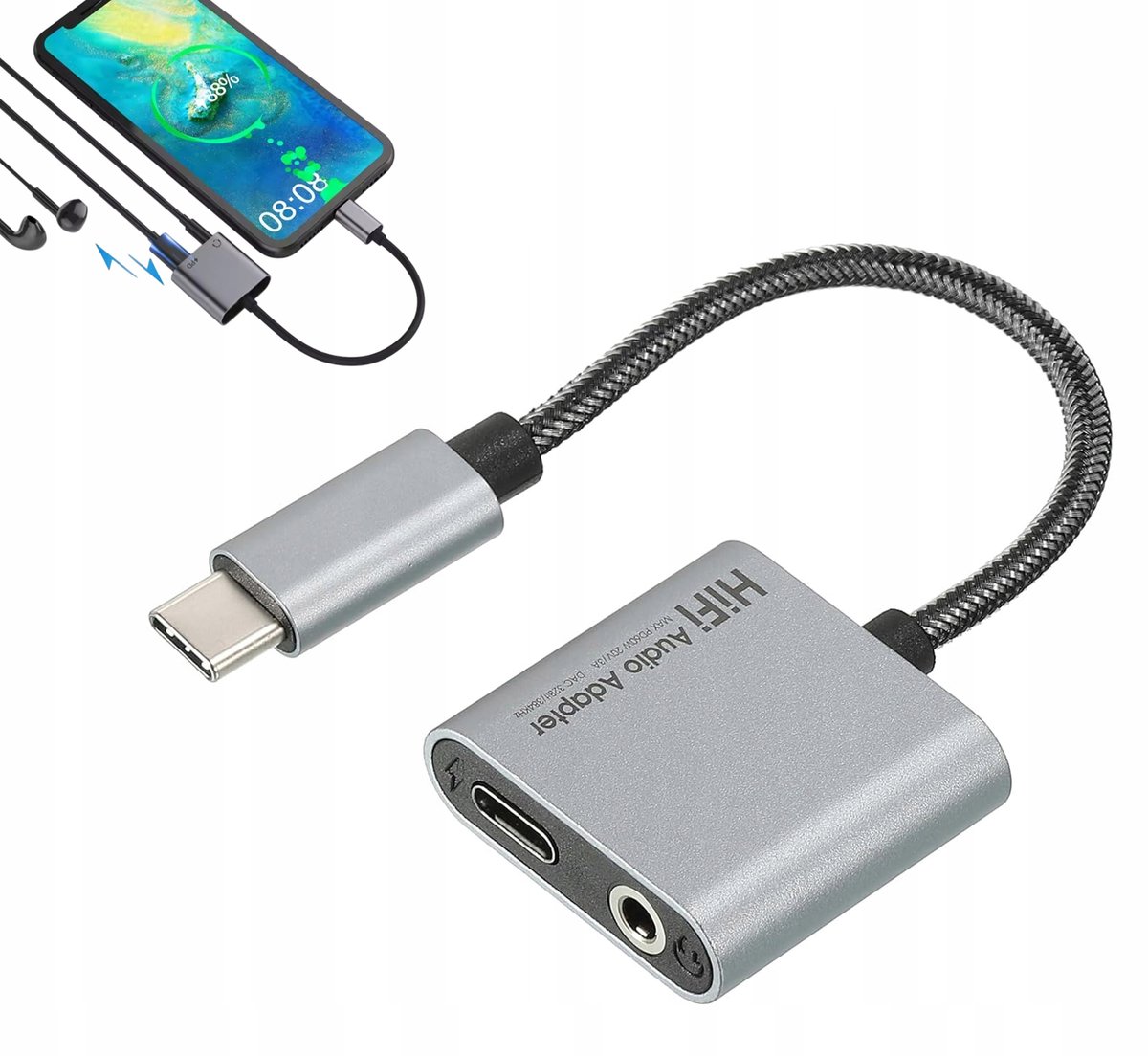 USB-C naar 3,5 mm audioadapter met DAC en 60 W PD Snellade