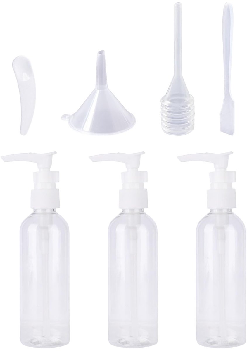 Dailygoods- Pompdispenser 3 x 100 ml - Dispensergereedschap - Mini-zeepdispenser - Kunststof - Transparant - Inclusief trechter en spatel - Zeepfles