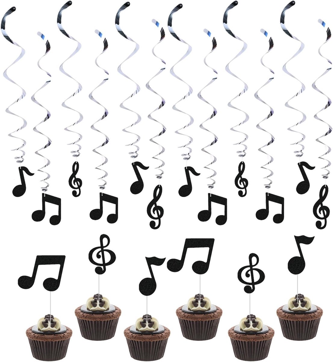 Dailygoods- Muziekversiering Muziek Thema Decoratie - Hangende Wimpels - Cake Vlaggen - Feest Decoratie - 12 Zilveren Spiralen - 90 cm Lange Vlaggen - Feestdecoratie