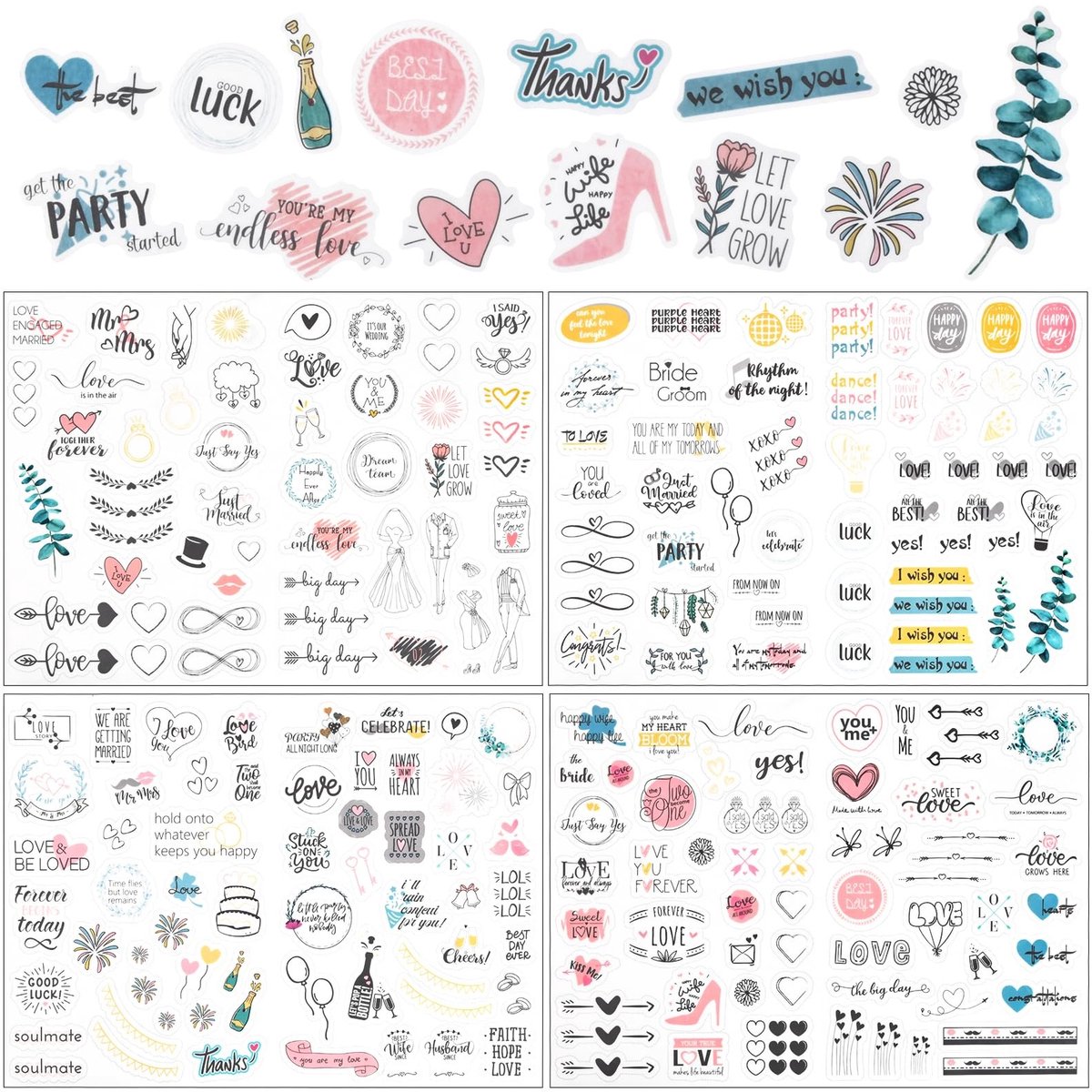 Dailygoods- Bruiloftsstickers 230 Stuks - Set van 4 Vellen - Decoratie voor Gastenboek/Fotoalbum - PVC - Goede Hechting - Romantische Sfeer - Trouwstickers