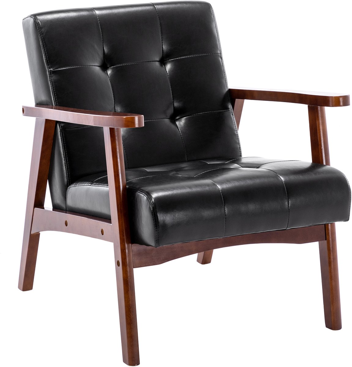 Enkele Houten Armstoel – Zwart – Comfortabele Fauteuil met Zachte Kussens, Stevig Houten Frame voor Woonkamer & Balkon – Eenvoudige Montage