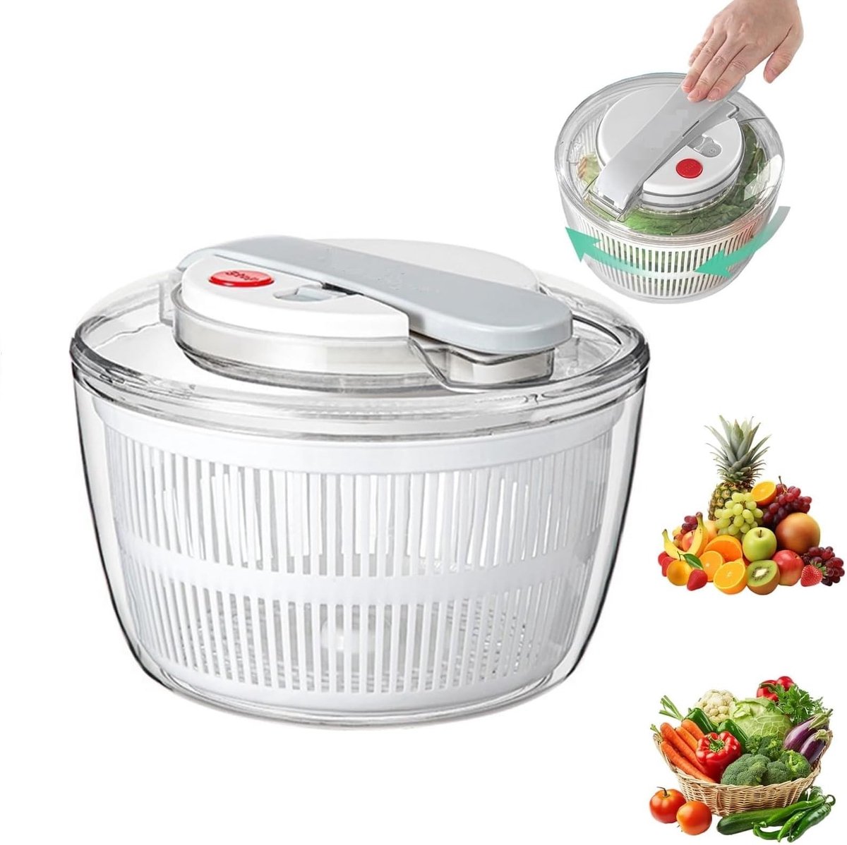 Dailygoods- Salade Spinner met Stopknop - Sla Droger - Groente/Fruit Wasmachine - Duurzaam Food Grade Plastic - 21x21x15cm - Ideaal Cadeau